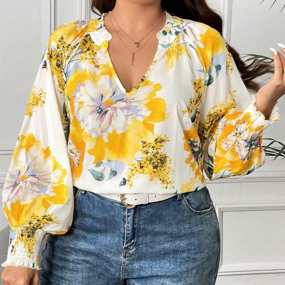 Plus Floral Print Flounce Long Sleeve Blouse - Picture 3 of 4
